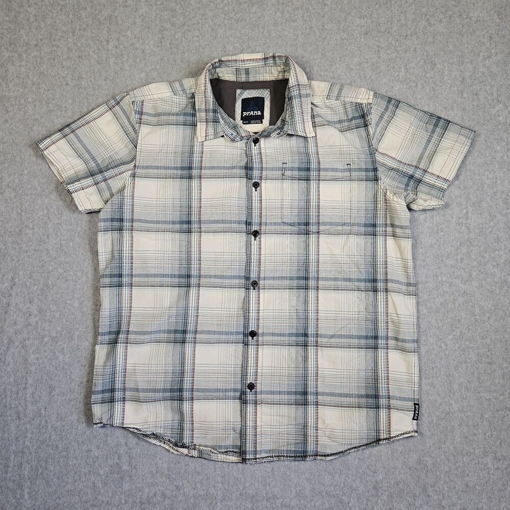 Prana Men's Medium Plaid Short Sleeve Casual Button Down Shirt Cream Blue Red